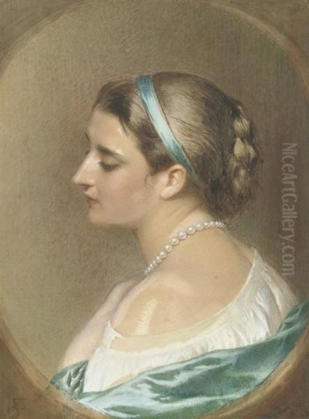 Portrait Of A Girl, In Profile To The Left, Her Hand Clasping Apearl Necklace Oil Painting by Edward Tayler