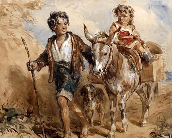 Children With Donkey And A Dog On A Pathway Oil Painting by John Frederick Tayler