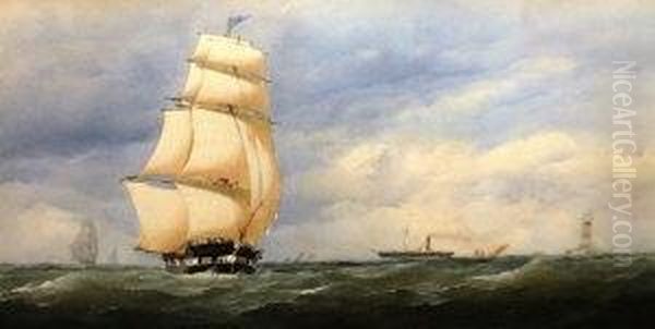 Passing The Eddystone Lighthouse Under Full Sail Oil Painting by Charles Taylor