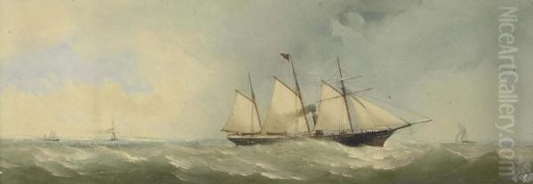 A Schooner-rigged Auxiliary Steamer Running Through Spithead, The Entrance To Portsmouth Harbour Off Her Stern Oil Painting by Charles Taylor