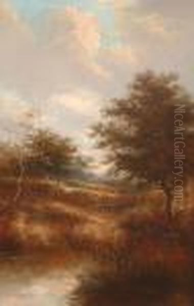 River Landscape With Figure Fishing Oil Painting by E. Taylor