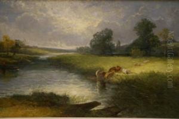 River Scene With Cows Oil Painting by Edwin Taylor