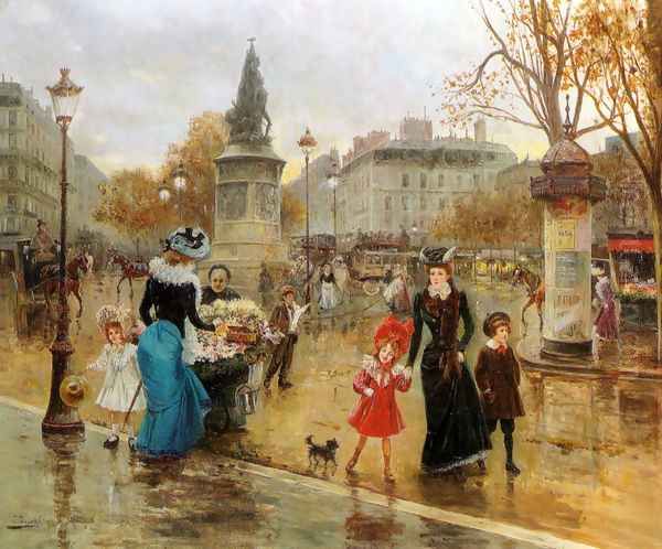 Une Place Animee a Paris Oil Painting by Joaquin Pallares y Allustante