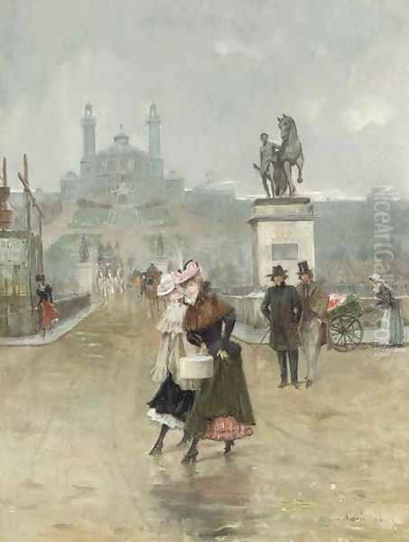 Ladies crossing the Street Oil Painting by Joaquin Pallares y Allustante