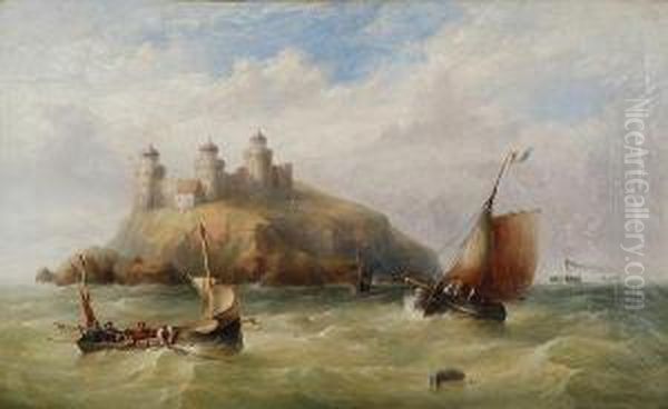 Marina In Burrasca Con Barche Di Pescatori E Isola Con Castello Sullo Sfondo Oil Painting by Henry King Taylor