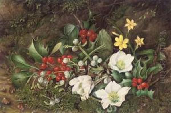 Holly, Mistletoe, Christmas Roses And Narcissi On A Mossy Bank Oil Painting by Jane Taylor