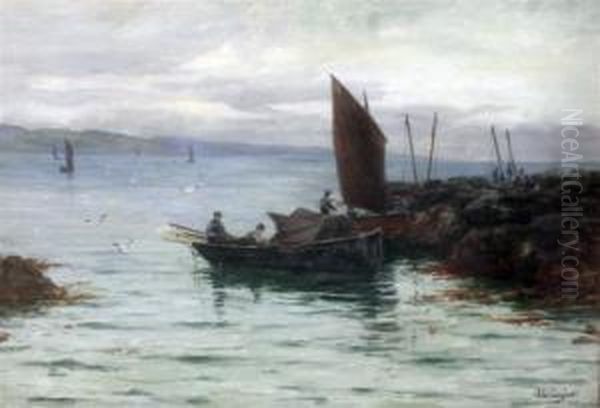 Fishing Boats Along The Coast Oil Painting by John D. Taylor