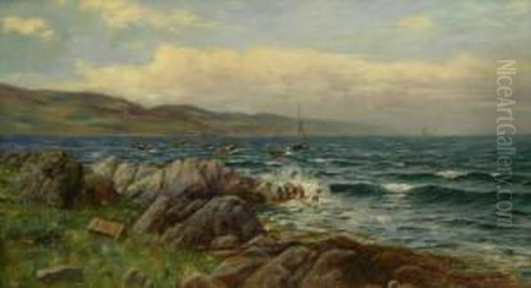 Coastal Scene With Fishing Boats At Anchor Oil Painting by John D. Taylor