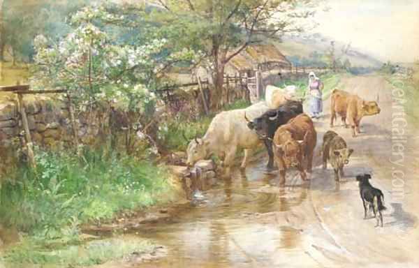 A herder and cattle in a springtime Highland landscape Oil Painting by Joseph Denovan Adam