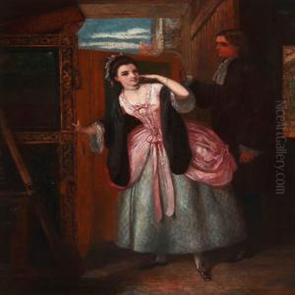 An Interior With A Young Flirting Couple Oil Painting by Newton C. Taylor