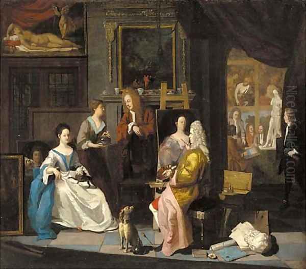 The interior of an artist's studio, with a lady having her portrait painted Oil Painting by Joseph van Aken