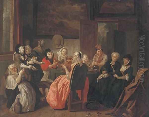 A merry company drinking and smoking in an interior Oil Painting by Joseph van Aken