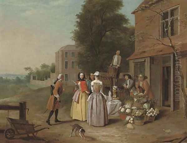 Elegant company at a vegetable stall Oil Painting by Joseph van Aken