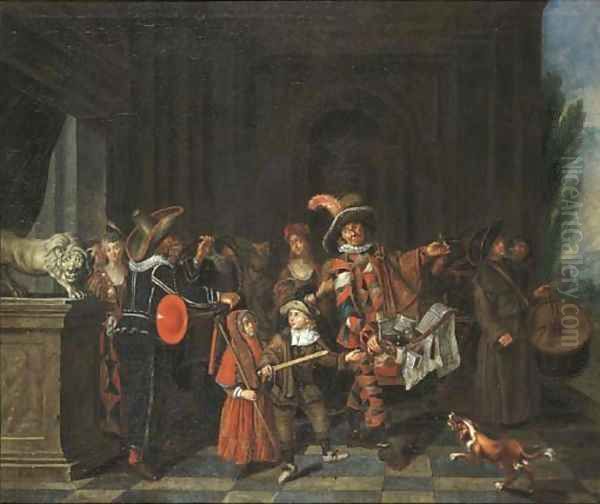 A theatre company in a portico, a landscape beyond Oil Painting by Joseph van Aken