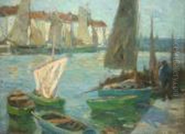 Boats In Harbour, Brittany Oil Painting by Samuel Connolly Taylor