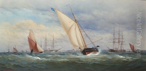 A Large Racing Cutter Preparing To Round The Mark, An Ironclad Battleship Astern Of Her And A Screw-powered Two-decker Nearby Oil Painting by Charles, Taylor Snr.