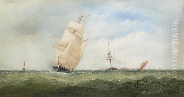 The Goodwin Lightship Astern Of A Brigantine With Other Vessels Inshore Oil Painting by Charles, Taylor Snr.