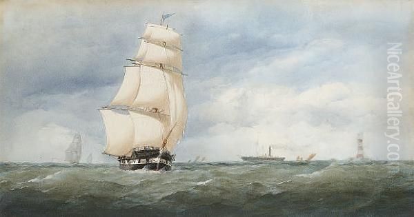 Passing The Eddystone Lighthouse Under Full Sail Oil Painting by Charles, Taylor Snr.