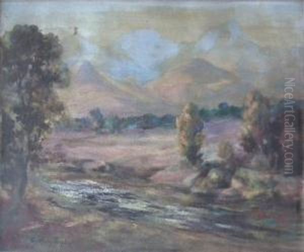 Mountain River Landscape With Trees To Foreground Oil Painting by Sydney Taylor