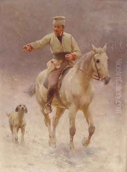 Rider on Horseback with a Dog in Winter Oil Painting by Sigismund Ajdukiewicz