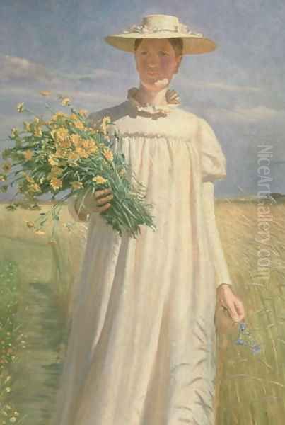 Anna Ancher returning from Flower Picking, 1902 Oil Painting by Michael Peter Ancher