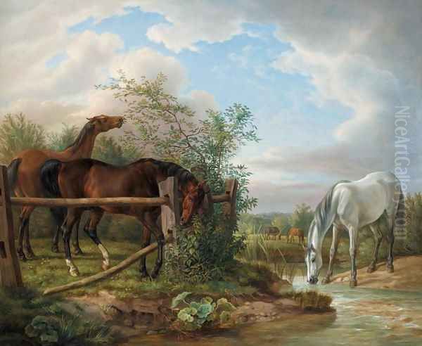 Thoroughbreds in a Paddock (Vollbluter auf der Koppel) Oil Painting by Adam Albrecht