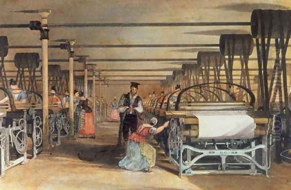 Power loom weaving, 1834 Oil Painting by Thomas Allom