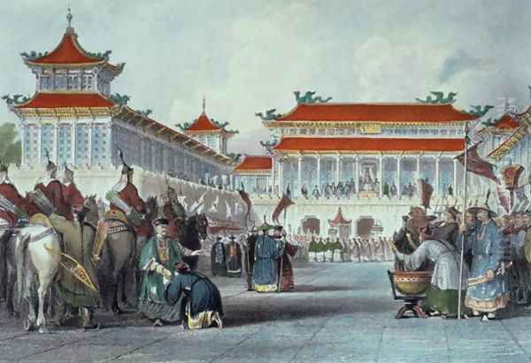 The Emperor Teaon-Kwang Reviewing his Guards, Palace of Peking, from 'China in a Series of Views' Oil Painting by Thomas Allom