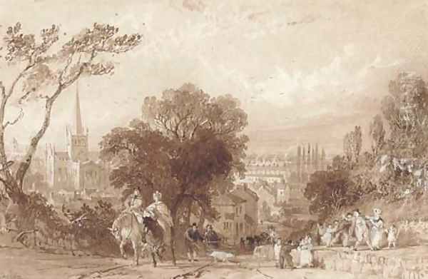 A busy Darlington road with St. Cuthbert's Church in the distance Oil Painting by Thomas Allom