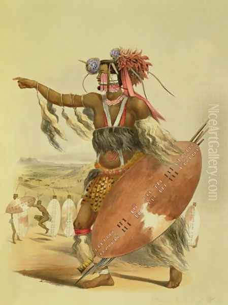 Zulu warrior, Utimuni, nephew of Chaka the late Zulu king, plate 13 from 'The Kafirs Illustrated', 1849 Oil Painting by George French Angas