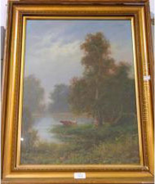 Cattle Watering By A Lake Amongst Trees Oil Painting by Lewis Woods Teel