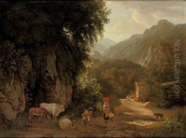 An Italianate Landscape With Travellers And Peasants On A Mountaintrack Oil Painting by Lievine Teerlink