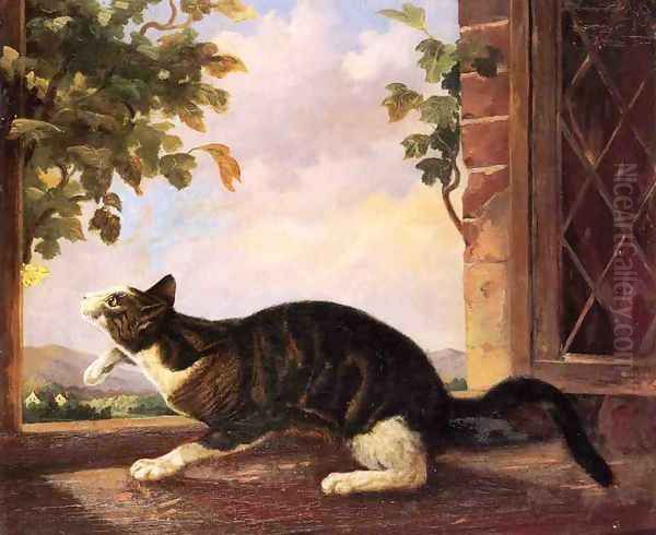 Cat Stalking a Butterfly Oil Painting by John Woodhouse Audubon