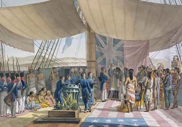 The Sandwich Islands- The Christening of the King's Prime Minister on Board the 'Uranie', from 'Voyage Autour du Monde sur les Corvettes de L'Uranie' 1817-20 Oil Painting by Jacques Etienne Victor Arago