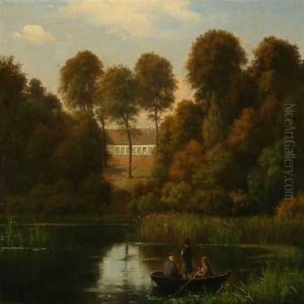 Summer Day With Three Men In A Rowing Boat, In The Background A Proprietary Farm Oil Painting by Christian Martin Tegner