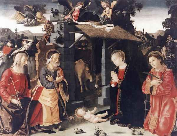 Nativity with Sts Lawrence and Andrew 1480-85 Oil Painting by Romano Antoniazzo