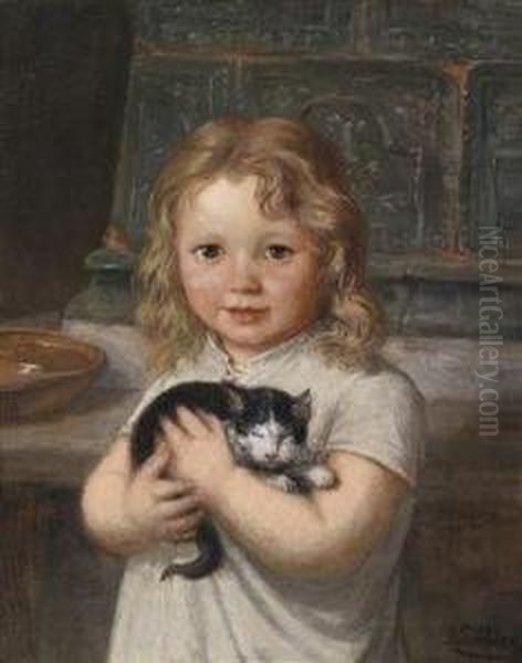 Girl With Kitten Oil Painting by Georg Teibler