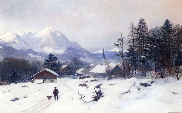 A Hunter in a Winter Landscape Oil Painting by Anders Anderson-Lundby