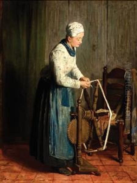 Young Woman By A Spinningwheel Oil Painting by Sara Teixeira De Mattos