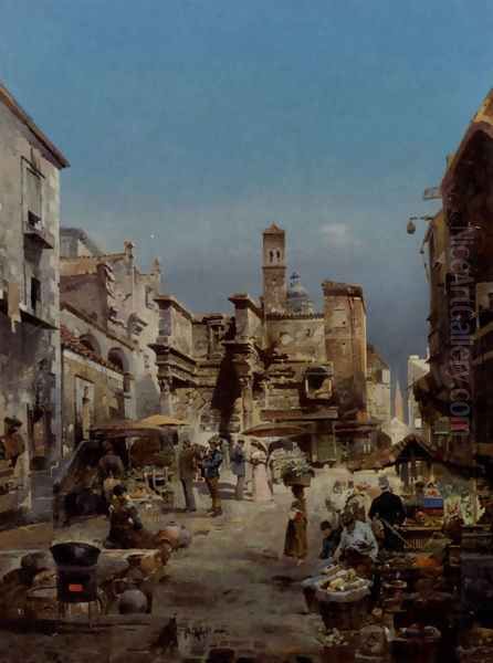 A Market In Italy Oil Painting by Robert Alott