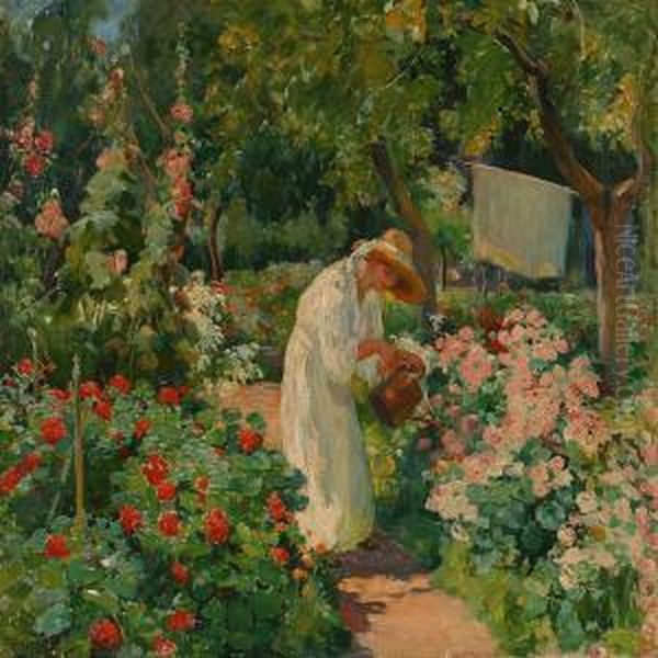 Garden With A Woman Watering The Flowers Oil Painting by Valeria Telkessy