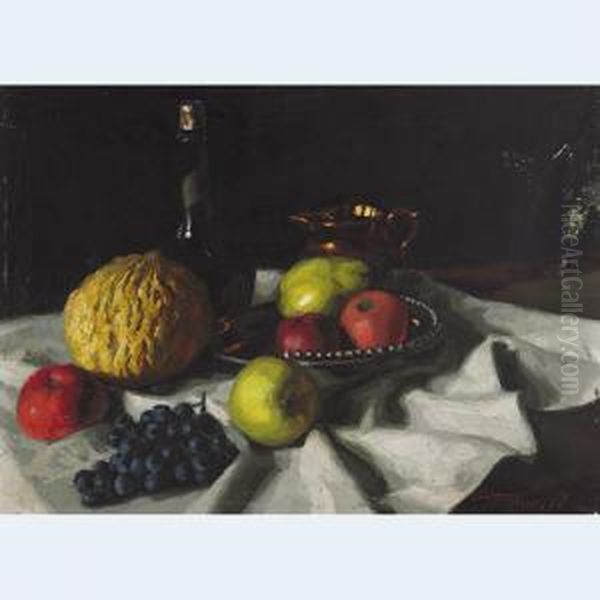 Apples, Grapes, Fruit And Wine On A Table Oil Painting by Valeria Telkessy