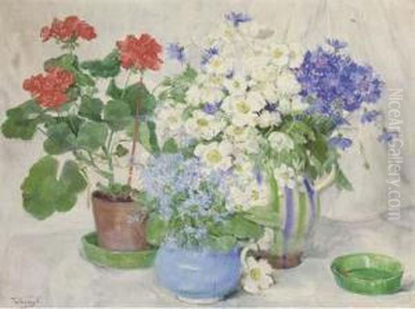 Primulas, Anenomes, Cornflowers In Vases And Pelagoniums In A Poton A Draped Table Oil Painting by Valeria Telkessy