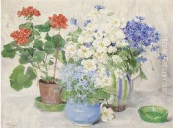 Primulas, Anenomes, Cornflowers In Vases And Pelagoniums In A Pot On A Draped Table; And Spring Blossoms Oil Painting by Valeria Telkessy