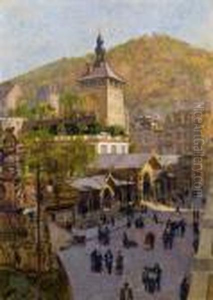 Marktplatz Von Karlsbad Mit Stadtturm Und Marktbrunnen Oil Painting by Hans Temple