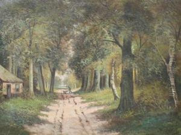 Figure In A Forested Landscape Oil Painting by Jan Ten Cate