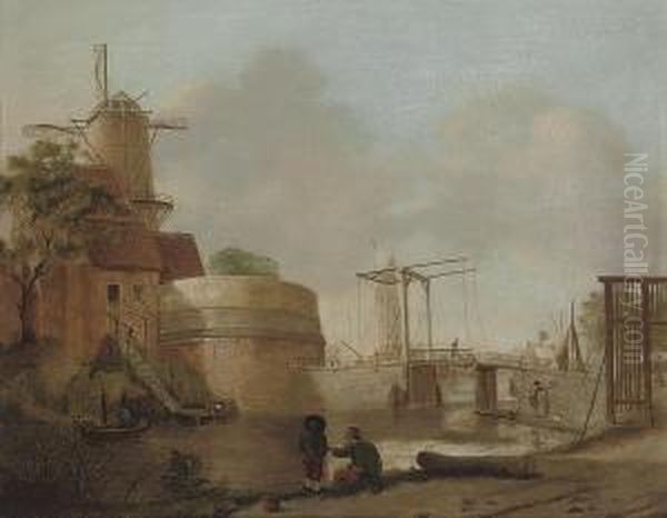 A River Landscape With Anglers On A Bank, A Mill Beyond Oil Painting by Jan ten Compe