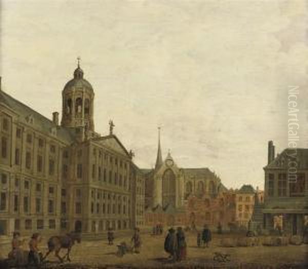 A View Of The Dam, Amsterdam, With The Town Hall, The 'waag' Andthe 'nieuwe Kerk' Oil Painting by Jan ten Compe