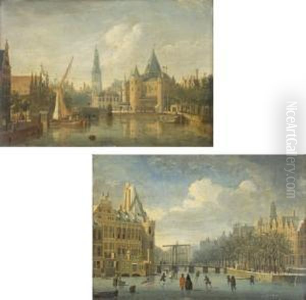 Le Gelderse Kade Et Le Waag A Amsterdam ; Et Le Kloveniersdoelen A Amsterdam Oil Painting by Jan ten Compe