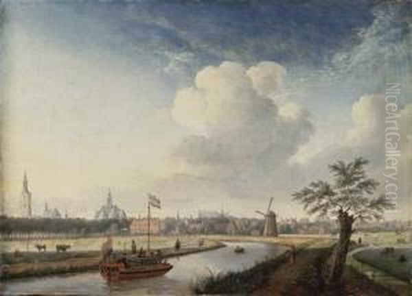 A Cappricio View Of The Hague, With Figures Walking Along A Riverand A Barge Oil Painting by Jan ten Compe